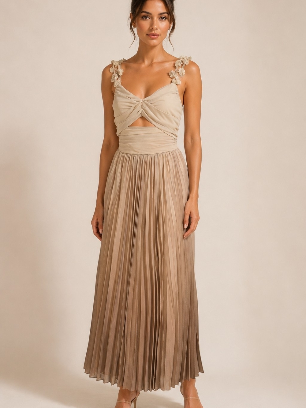 Pleated Taupe Maxi Dress with Floral Strap Detail